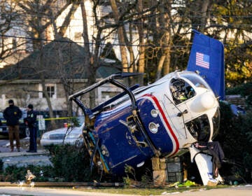 A medical helicopter rests next to the Drexel Hill United Methodist Church