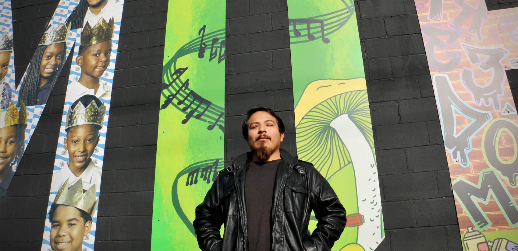 Brein Garcia calls his D an ''Easter egg of what is to come in the future.'' The work reflects his love of music and nature and his dream of starting a mushroom farm in Camden. (Emma Lee/WHYY)