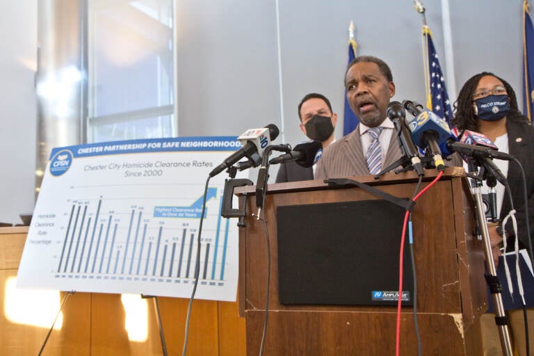 Chester Mayor Thaddeus Kirkland speaks at Chester’s City Hall. (Kimberly Paynter/WHYY)