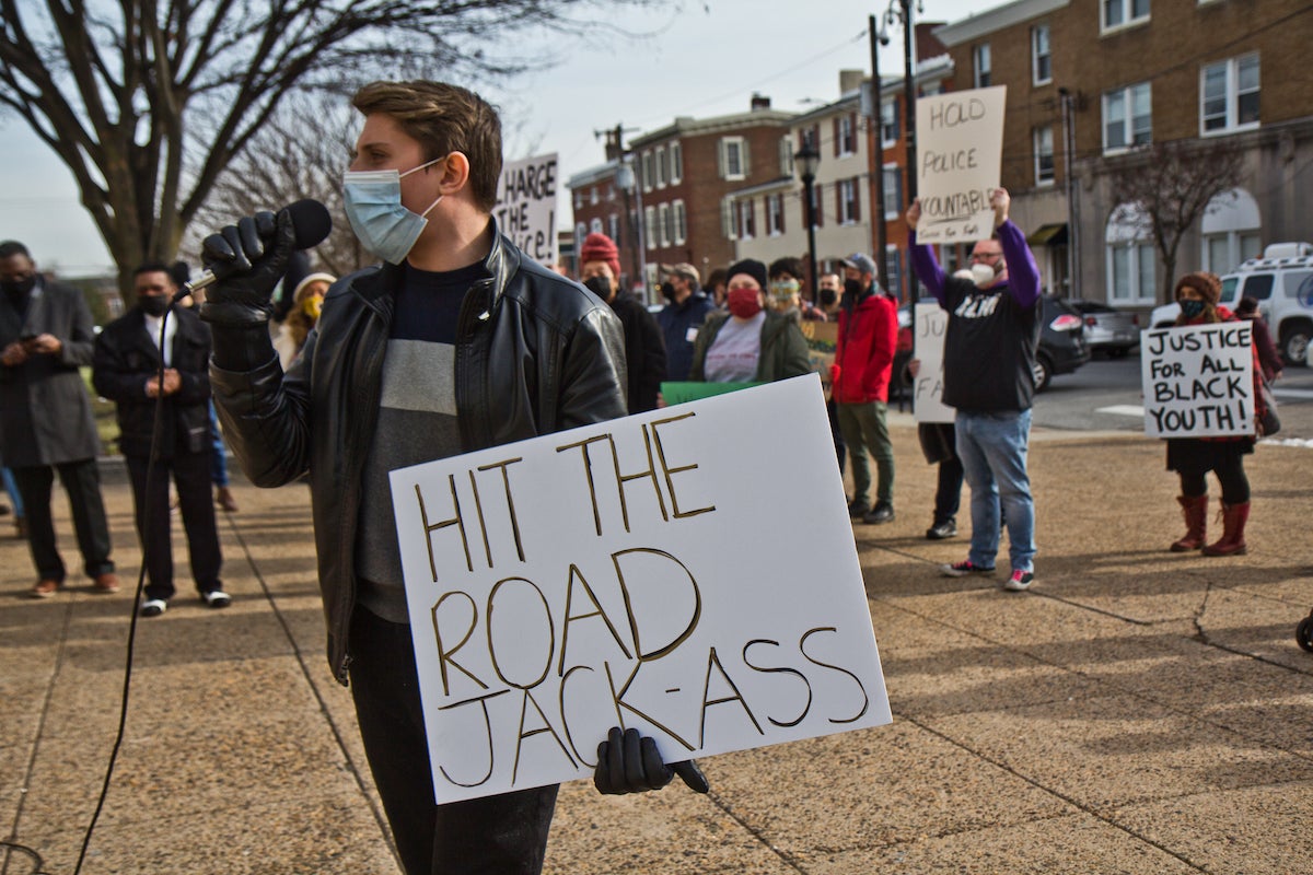 Kyle McIntyre, a coordinator for UDTJ, said Delaware County DA Jack Stollsteimer placed the interests of the Fraternal Order of Police ahead of the community that worked ‘’tirelessly’’ to have him elected.(Kimberly Paynter/WHYY)