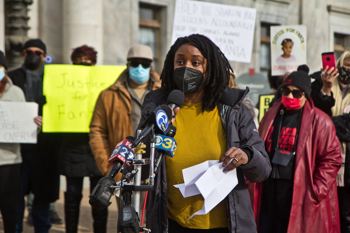 Nia Holsten, staff attorney with the Abolitionist Law Center, said Delaware County District Attorney Jack Stollsteimer’s failure to charge police officers in the killing of 8-year-old Fanta Bility, is blatantly disrespectful to Bility’s family and to all Black lives. (Kimberly Paynter/WHYY)