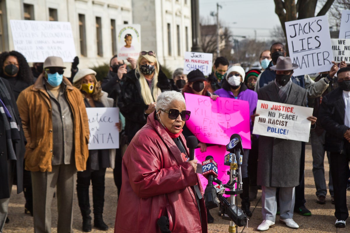 Rita Waters, a Delaware County resident and social activist since the 1960s, said, ‘’the more things change, the more they stay the same,’’ at a protest outside the courthouse in Media, Pa., on Jan. 13, 2022. (Kimberly Paynter/WHYY)