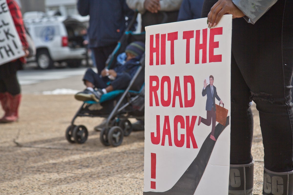 Criticism of Delaware County District Attorney Jack Stollsteimer’s decision to charge two teenagers and not the Sharon Hill police officers who fired the shots that killed Fanta Bility was scathing at a rally outside the county’s Courthouse on Jan. 13, 2022. (Kimberly Paynter/WHYY)