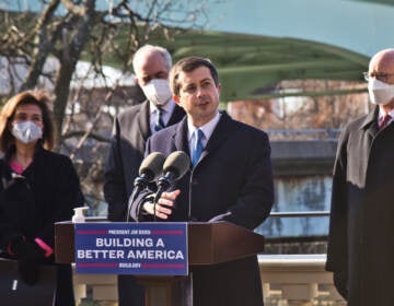 U.S. Transportation Secretary Pete Buttigieg visited Philadelphia’s Schuylkill Riverfront at the MLK Bridge to announce federal dollars to fix bridges in Pennsylvania on January 14, 2022. (Kimberly Paynter/WHYY)