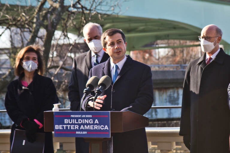 U.S. Transportation Secretary Pete Buttigieg visited Philadelphia’s Schuylkill Riverfront at the MLK Bridge to announce federal dollars to fix bridges in Pennsylvania on January 14, 2022. (Kimberly Paynter/WHYY)