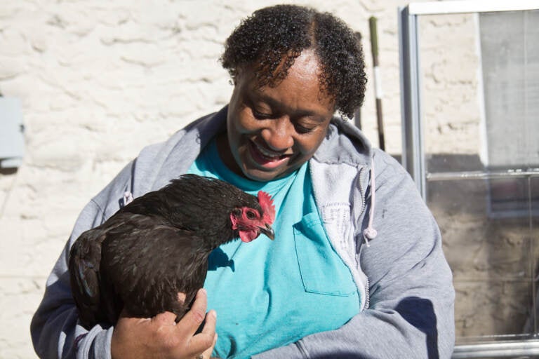 Ms. V smiles at one her chickens in her yard in Philadelphia. (Kimberly Paynter/WHYY)