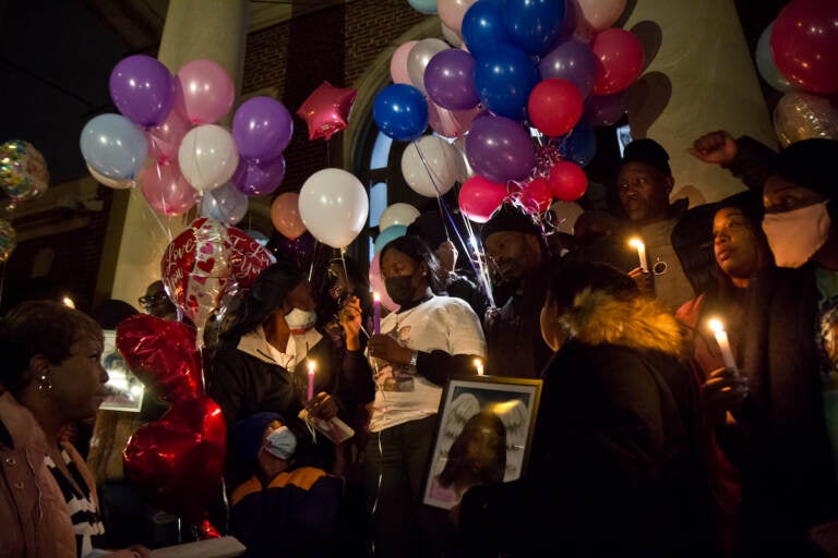 Family members of 12 people killed in a rowhouse fire asked for privacy to grieve outside the children’s school, Bache-Martin Elementary, on Jan. 6, 2022. (Kimberly Paynter/WHYY)