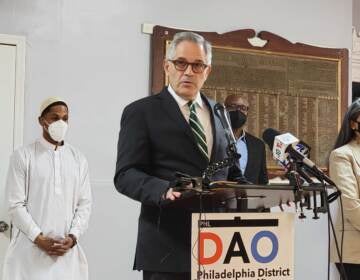 File photo: DA Larry Krasner speaking in Fairmount during his weekly violence briefing on January 31, 2022. (Tom MacDonald / WHYY)