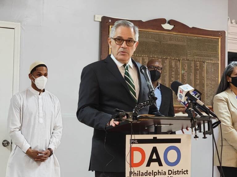 File photo: DA Larry Krasner speaking in Fairmount during his weekly violence briefing on January 31, 2022. (Tom MacDonald / WHYY)