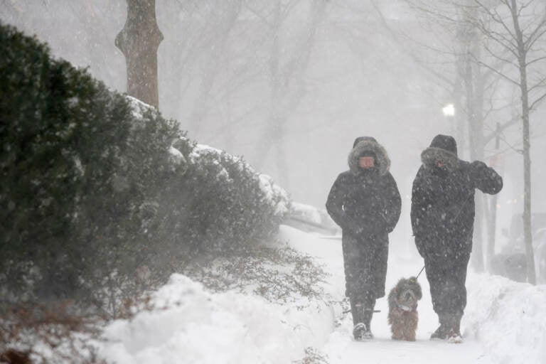 Dog walkers brave the snow and wind in Hoboken, N.J., Monday, Feb. 1, 2021. Snowfall is picking up in the Northeast as the region braced for a whopper of a storm that could dump well over a foot of snow in many areas, create blizzard-like conditions and cause travel problems for the next few days. (AP Photo/Seth Wenig)