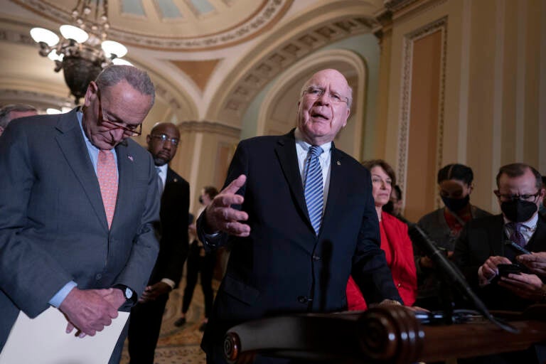 From left, Senate Majority Leader Chuck Schumer, D-N.Y., Sen. Raphael Warnock, D-Ga., Sen. Patrick Leahy, D-Vt., chair of the Senate Appropriations Committee, and Sen. Amy Klobuchar, D-Minn., chair of the Senate Rules Committee, talk about the need for the John Lewis Voting Rights Advancement Act, as they speak to reporters following a Democratic policy meeting at the Capitol in Washington, Tuesday, Nov. 2, 2021. (AP Photo/J. Scott Applewhite)