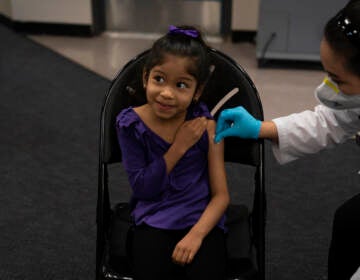 File photo: Elsa Estrada, 6, smiles at her mother as pharmacist Sylvia Uong applies an alcohol swab to her arm before administering the Pfizer COVID-19 vaccine at a pediatric vaccine clinic for children ages 5 to 11 set up at Willard Intermediate School in Santa Ana, Calif., Nov. 9, 2021. (AP Photo/Jae C. Hong, File)