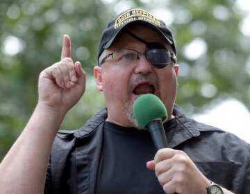 In this Sunday, June 25, 2017 file photo, Stewart Rhodes, founder of the Oath Keepers, speaks during a rally outside the White House in Washington. Rhodes has been arrested and charged with seditious conspiracy in the Jan. 6 attack on the U.S. Capitol. The Justice Department announced the charges against Rhodes on Thursday