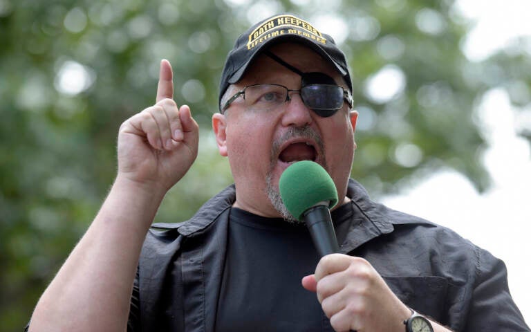 In this Sunday, June 25, 2017 file photo, Stewart Rhodes, founder of the Oath Keepers, speaks during a rally outside the White House in Washington. Rhodes has been arrested and charged with seditious conspiracy in the Jan. 6 attack on the U.S. Capitol. The Justice Department announced the charges against Rhodes on Thursday