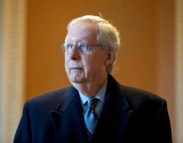 Senate Minority Leader Mitch McConnell, R-Ky., speaks to a reporter at the Capitol in Washington, Wednesday, Jan. 19, 2022. (AP Photo/Amanda Andrade-Rhoades)