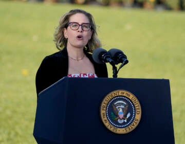 FILE - Sen. Kyrsten Sinema, D-Ariz., speaks before President Joe Biden signs the $1.2 trillion bipartisan infrastructure bill into law during a ceremony on the South Lawn of the White House in Washington, on Nov. 15, 2021. (AP Photo/Evan Vucci, File)