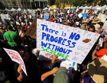 Thousands of people rally at Pershing Square in downtown Los Angeles, part of the nationwide March for Science, taking place Saturday, April 22, 2017. They chanted 