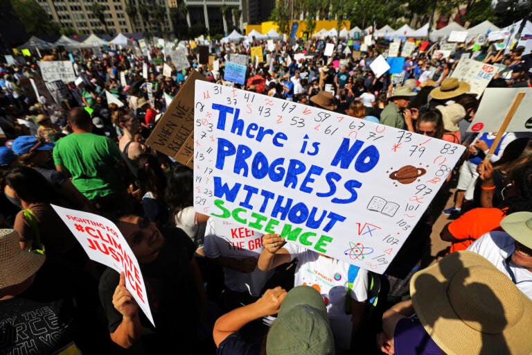Thousands of people rally at Pershing Square in downtown Los Angeles, part of the nationwide March for Science, taking place Saturday, April 22, 2017. They chanted 