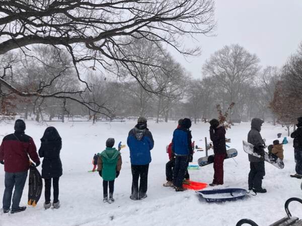 Families flocked to Clark Park on Saturday morning, to catch. some speed down the hill. (Emily Rizzo/WHYY)