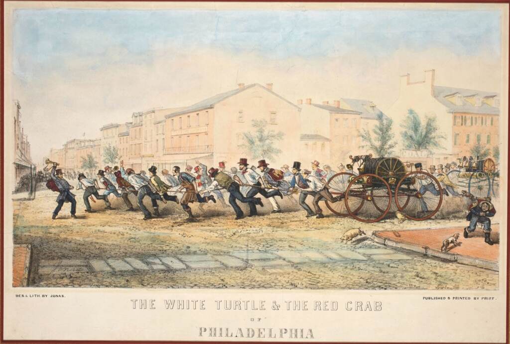 Showing the Northern Liberties Hose Company (White Turtle) and the Lafayette Hose Company (Red Crab) racing to a bonfire near Eastern State Penitentiary on July 25, 1852 during a weekend of fires throughout the city. Men from each company run side-by-side and pull the ropes hooked to their companies' hose carriages. One man from each company stands at the front of their crew and plays a bugle or yells at the team to push forward. Dogs and pigs run beside the companies, flee the scene, and get caught under the wheel of the hose carriage. Includes a view of the buildings along the street, showing people running in the distance and a sign reading "coal". The "winning" Northern Liberties Hose Company (White Turtle) had a fire house at New Market Street above Coates Street, just a few blocks from the "losing" Lafayette Hose Company (Red Crab) at Fourth Street above Brown Street. The hose companies often fought each other including at this "race" where a Northern Liberties member was stabbed.