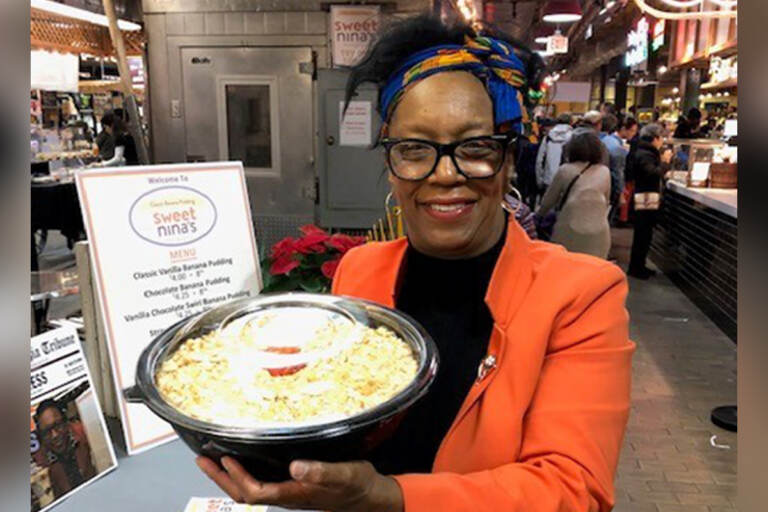 Nina Bryan of Sweet Nina's sells her banana pudding at Reading Terminal Market through the Market Day program.  (Courtesy of The Enterprise Center’s Dorrance H. Hamilton Center for Culinary Enterprises)