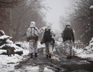 FILE - Ukrainian soldiers walks at the line of separation from pro-Russian rebels near Katerinivka, Donetsk region, Ukraine, Tuesday, Dec 7, 2021. (AP Photo/Andriy Dubchak)