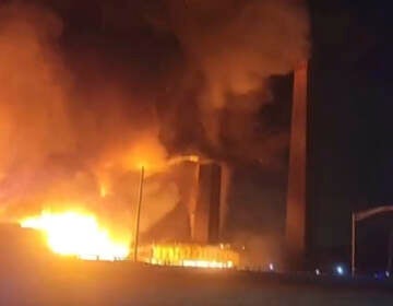 This image from video provided by Mikey B shows a fire near a New Jersey chemical plant, Friday, Jan. 14, 2022 in Passaic, N.J. A fire at a New Jersey chemical plant with flames and smoke visible for miles in the night sky Friday has spread to multiple buildings, threatening to reach the plant's chemical storage area, authorities said. (Mikey B via AP)