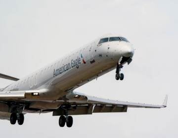 An American Eagle passenger flight lands at Reagan Washington National Airport in Arlington, Va., across the Potomac River from Washington, Wed., Jan. 19, 2022. The airline industry is raising the stakes in a showdown with AT&T and Verizon over plans to launch new 5G wireless service this week, warning that thousands of flights could be grounded or delayed if the rollout takes place near major airports