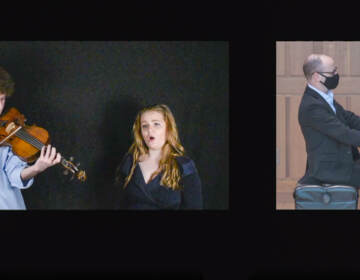 Left: Violist Jack Kessler and soprano Dalia Medovnikov performing together Right: A man playing the piano