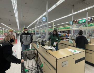 Customers and employees were all wearing their masks at the Dollar Tree on Kirkwood Highway when WHYY visited. (Cris Barrish/WHYY)