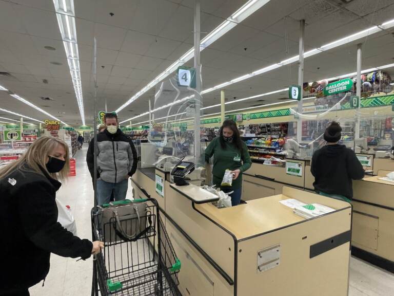 Customers and employees were all wearing their masks at the Dollar Tree on Kirkwood Highway when WHYY visited. (Cris Barrish/WHYY)