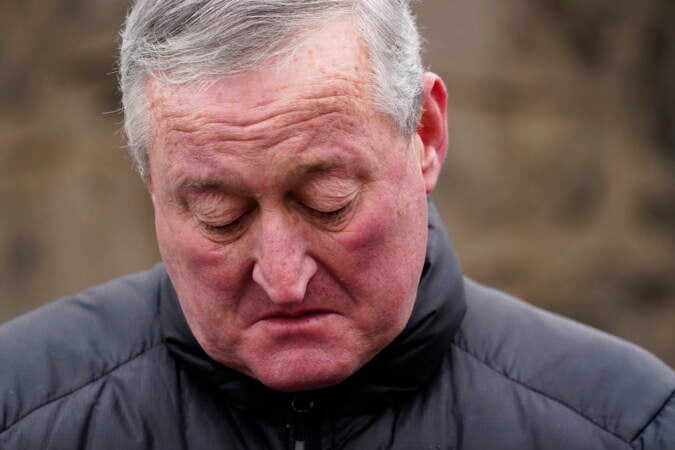 Philadelphia Mayor Jim Kenney pauses while speaking at a news conference