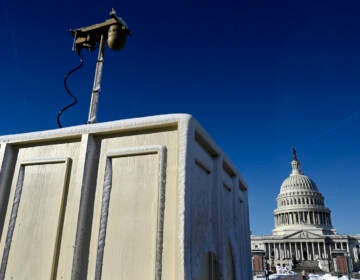 Newly installed surveillance cameras are positioned near the U.S. Capitol