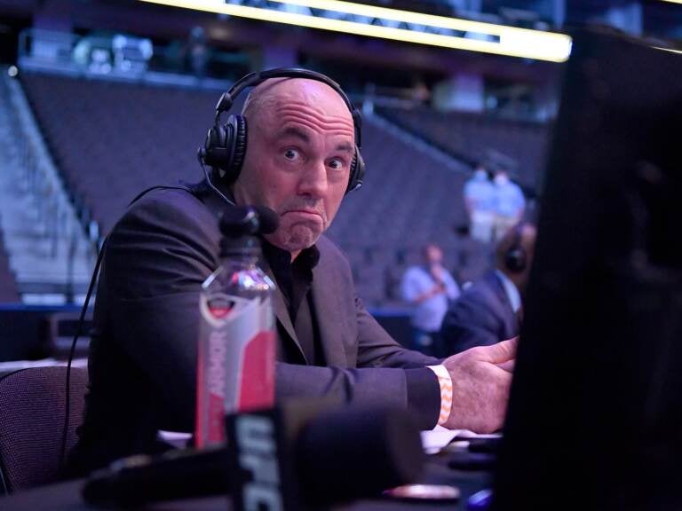 Announcer Joe Rogan reacts during UFC 249 at VyStar Veterans Memorial Arena on May 09, 2020 in Jacksonville, Florida. (Photo by Douglas P. DeFelice/Getty Images)