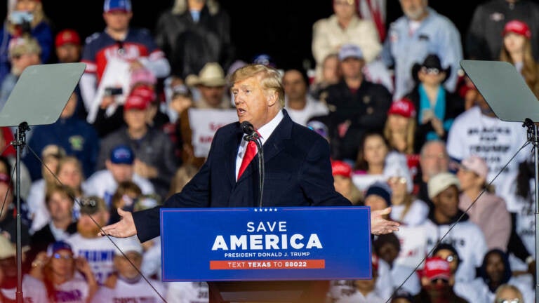 Former President Donald Trump speaks during a rally at the Montgomery County Fairgrounds in Conroe, Texas, on Saturday. Former President Donald Trump speaks during a rally at the Montgomery County Fairgrounds in Conroe, Texas, on Saturday. (Brandon Bell/Getty Images)