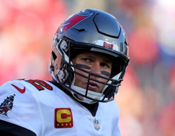 Tom Brady of the Tampa Bay Buccaneers reacts in the second quarter of the game against the Los Angeles Rams in the NFC Divisional Playoff game at Raymond James Stadium on Jan. 23, 2022 in Tampa, Florida. (Photo by Kevin C. Cox/Getty Images)