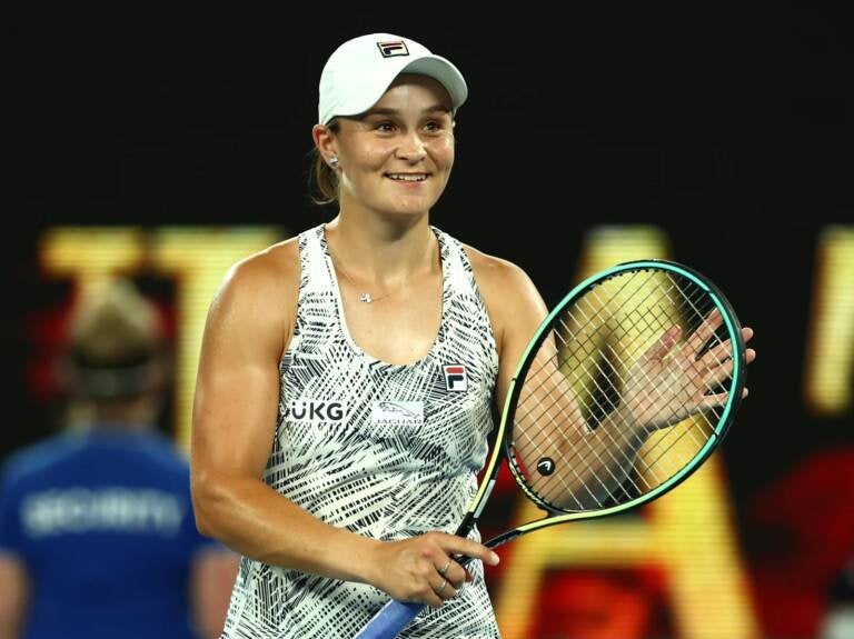 Ash Barty of Australia celebrates winning her Women's Singles Semifinals match against Madison Keys of United States during day 11 of the 2022 Australian Open at Melbourne Park on January 27, 2022 in Melbourne, Australia. (Photo by Clive Brunskill/Getty Images)