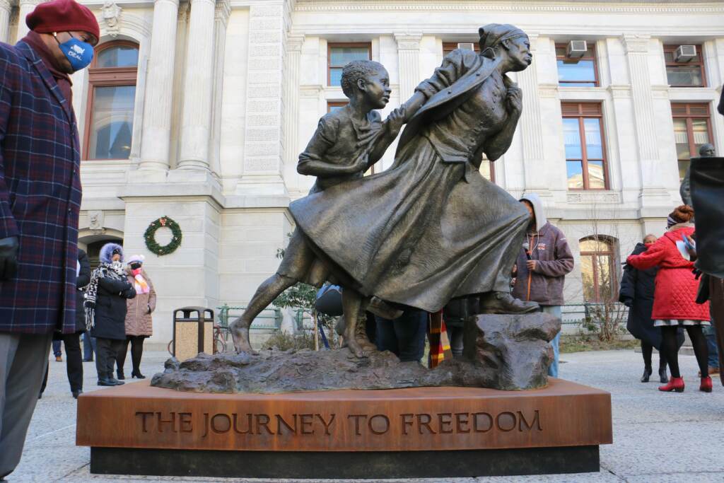 A statue of Harriet Tubman on display at Philly City Hall