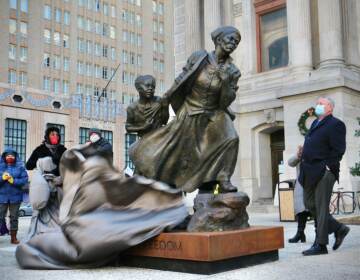 A statue of Harriet Tubman is unveiled on the North Apron of City Hall