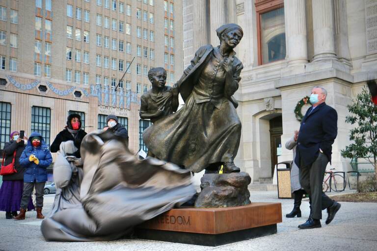 A statue of Harriet Tubman is unveiled on the North Apron of City Hall