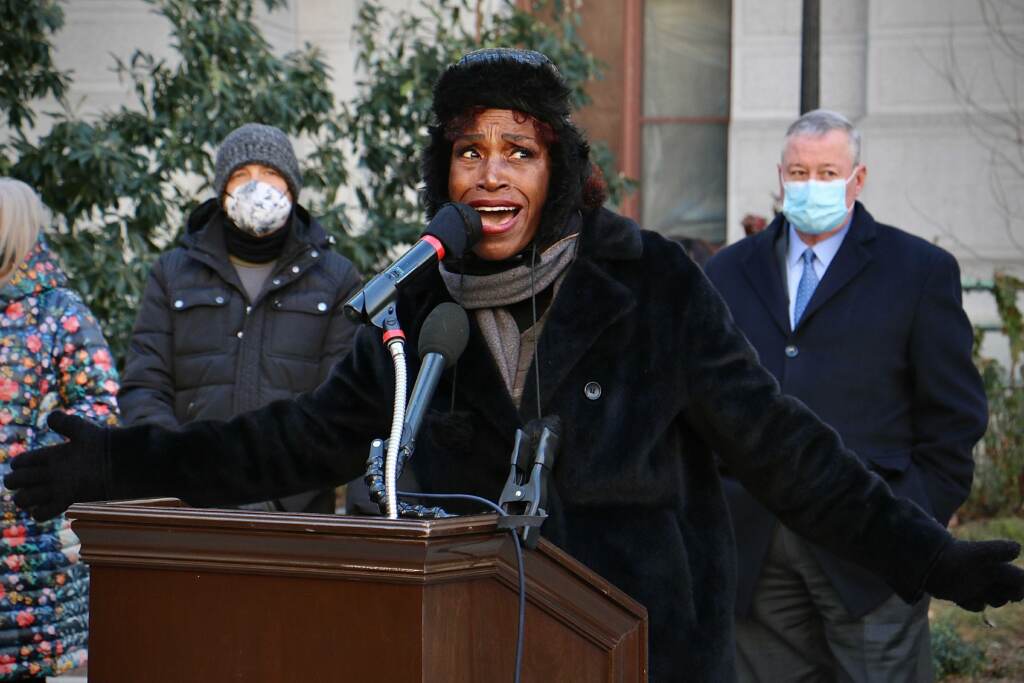 Valerie Gay sings a medley of spirituals at the unveiling of the Harriet Tubman statue