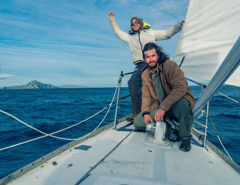 Stephen O’Shea and Taylor Grieger, both featured in 'Hell or High Seas', sailing off the coast of Cape Horn. (photo via Hell or High Seas)