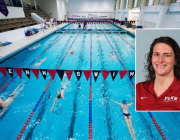 A photo of Lia Thomas superimposed on an image of Penn's swimming pool