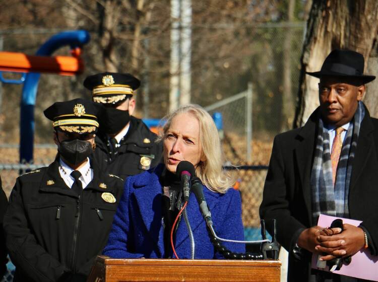 mary-gay-scanlon-gun-crimes-EL-012622 U.S.Rep. Mary Gay Scanlon speaks from a podium at Jerome Brown Playground