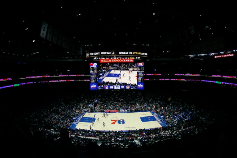 An aerial view of a Sixers game at Wells Fargo Center