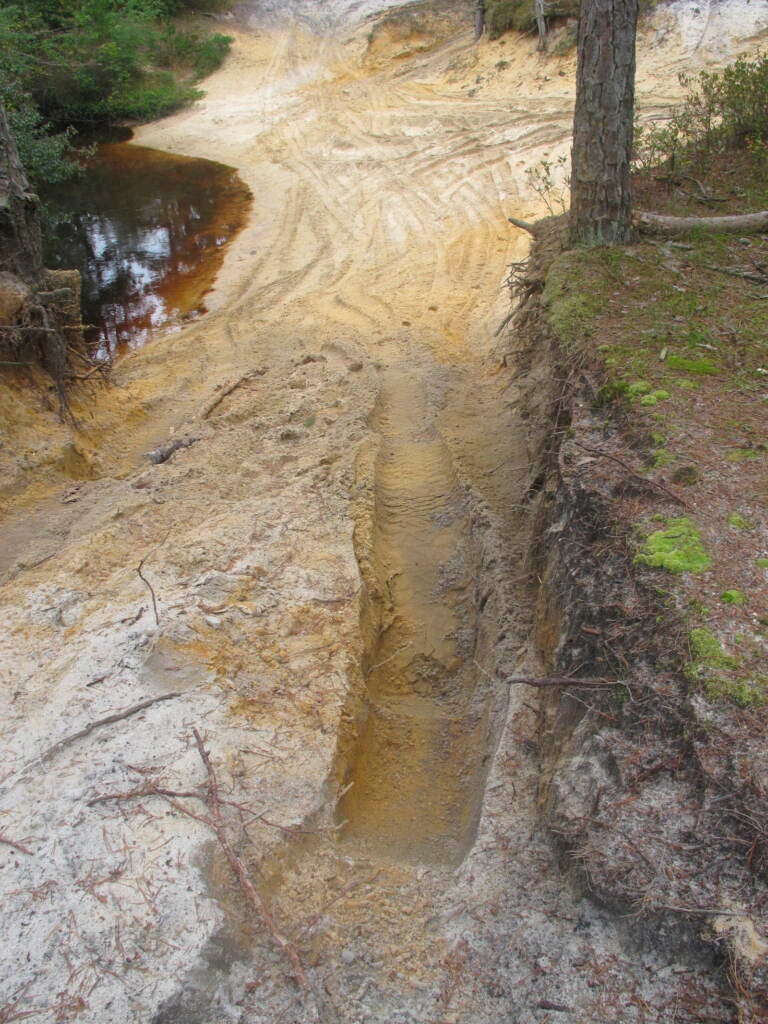 Tire tracks are seen cut into an area near a river in Wharton State Forest