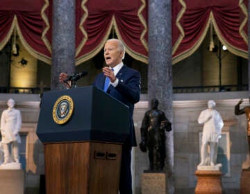President Joe Biden delivers remarks on the one-year anniversary of the January 6th insurrection in Statuary Hall