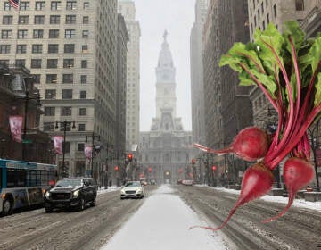 A picture of beets overlays a photo of Market Street in the snow