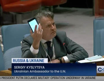 Ukrainian Ambassador to the United Nations Sergiy Kyslytsya raises his phone and shakes it toward the Russian representative, imploring him to call off the war.
(Screen shot/C-SPAN)