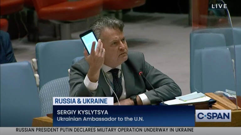 Ukrainian Ambassador to the United Nations Sergiy Kyslytsya raises his phone and shakes it toward the Russian representative, imploring him to call off the war.
(Screen shot/C-SPAN)